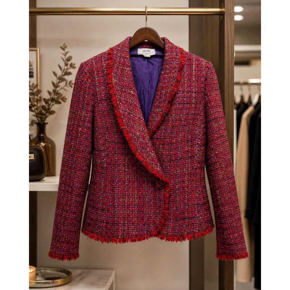Vintage Wool Tweed Blazer Bouclé Fringe Tailored Jacket USA Made M Parisian Chic